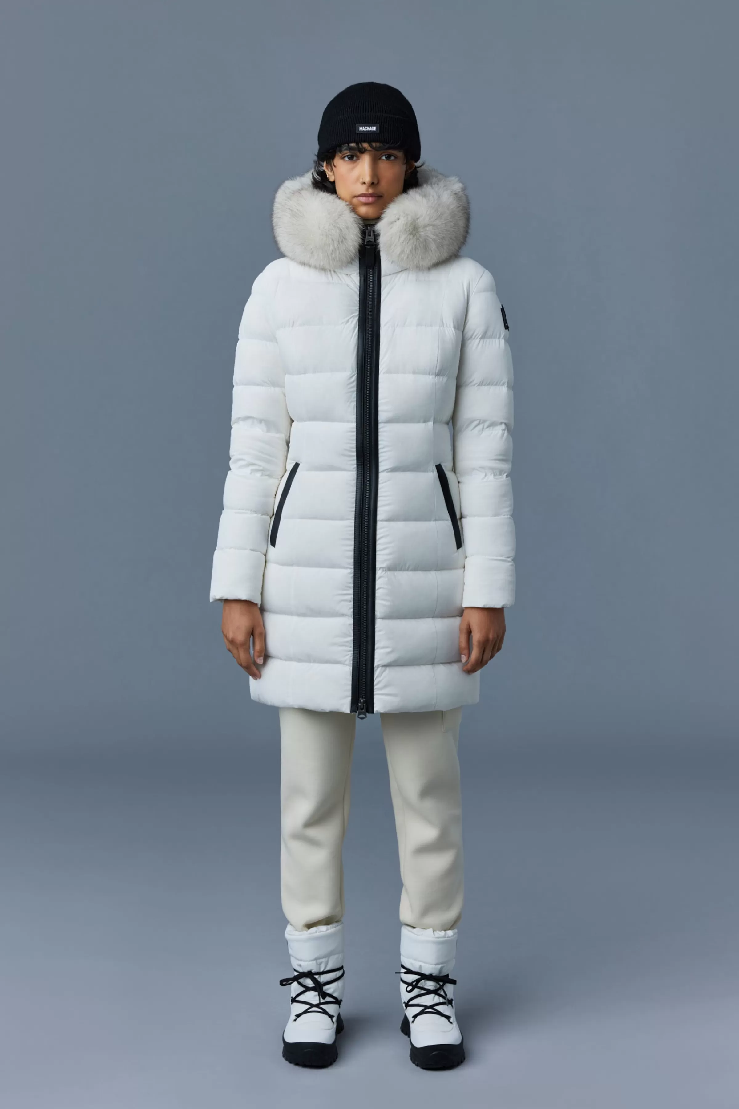Calla, Agile-360 Stretch Light Down Coat With Blue Fox Fur Collar For Ladies | ® US | Mackage Outlet