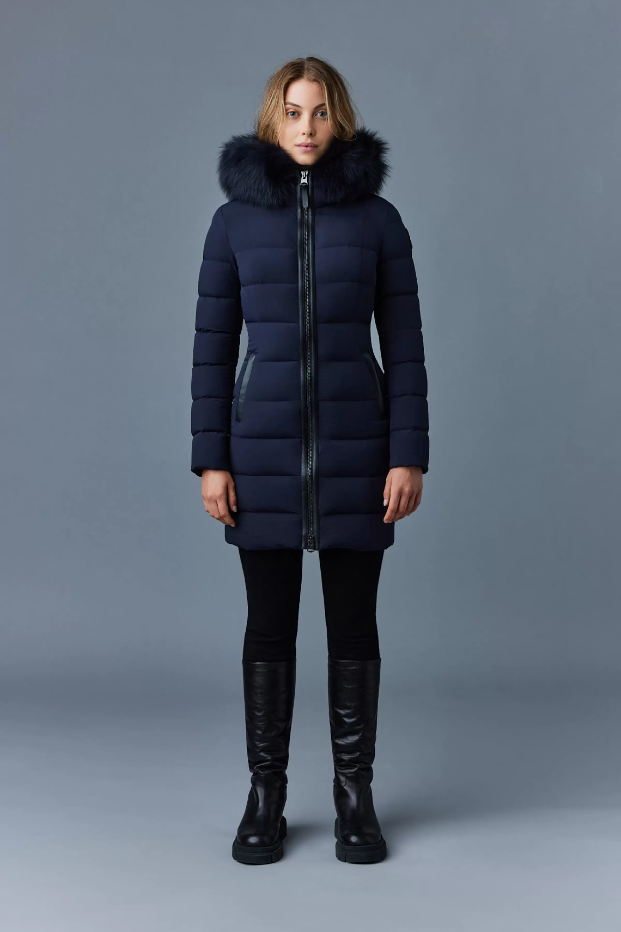 Calla, Agile-360 Stretch Light Down Coat With Blue Fox Fur Collar For Ladies | ® US | Mackage Outlet
