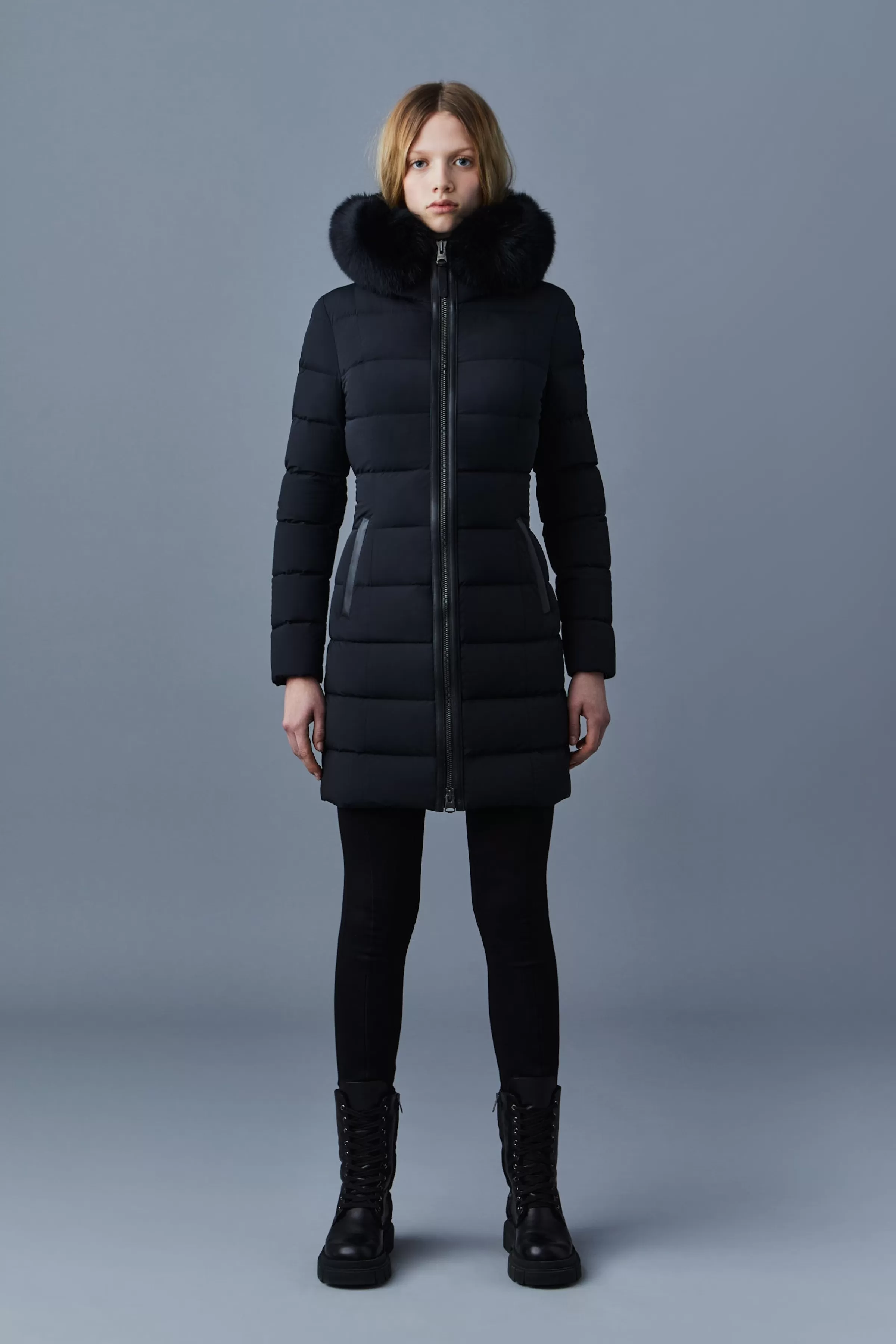 Calla, Agile-360 Stretch Light Down Coat With Blue Fox Fur Collar For Ladies | ® US | Mackage Outlet