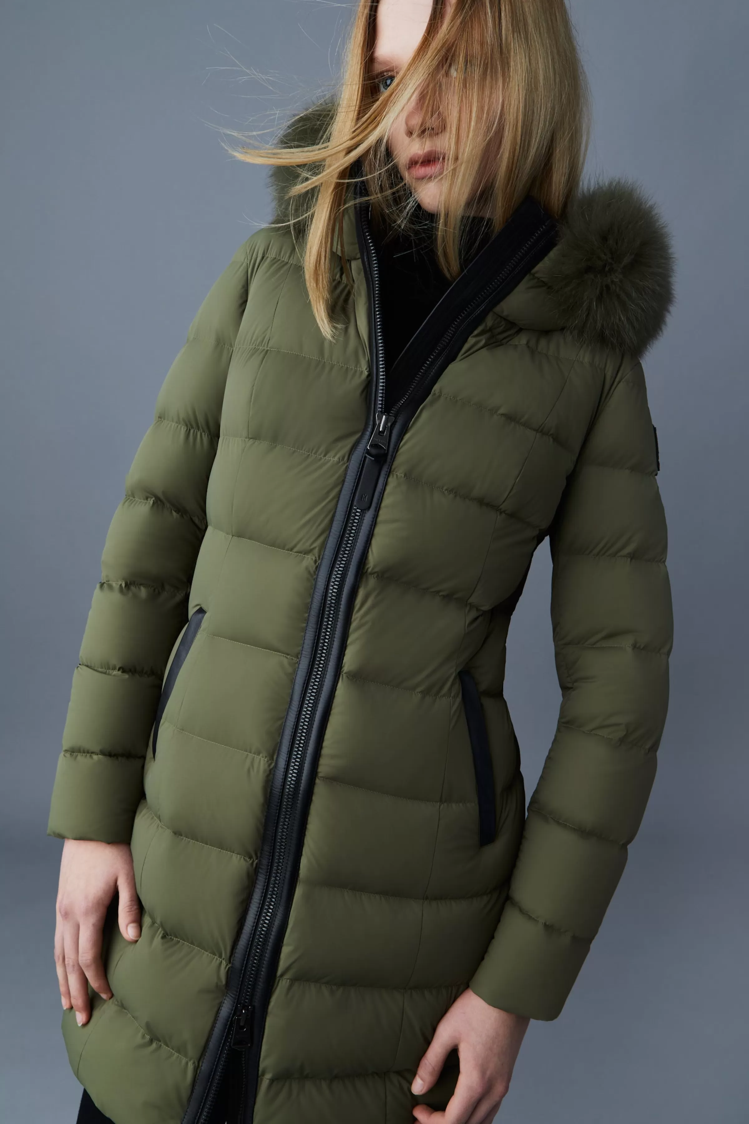 Calla, Agile-360 Stretch Light Down Coat With Blue Fox Fur Collar For Ladies | ® US | Mackage Outlet