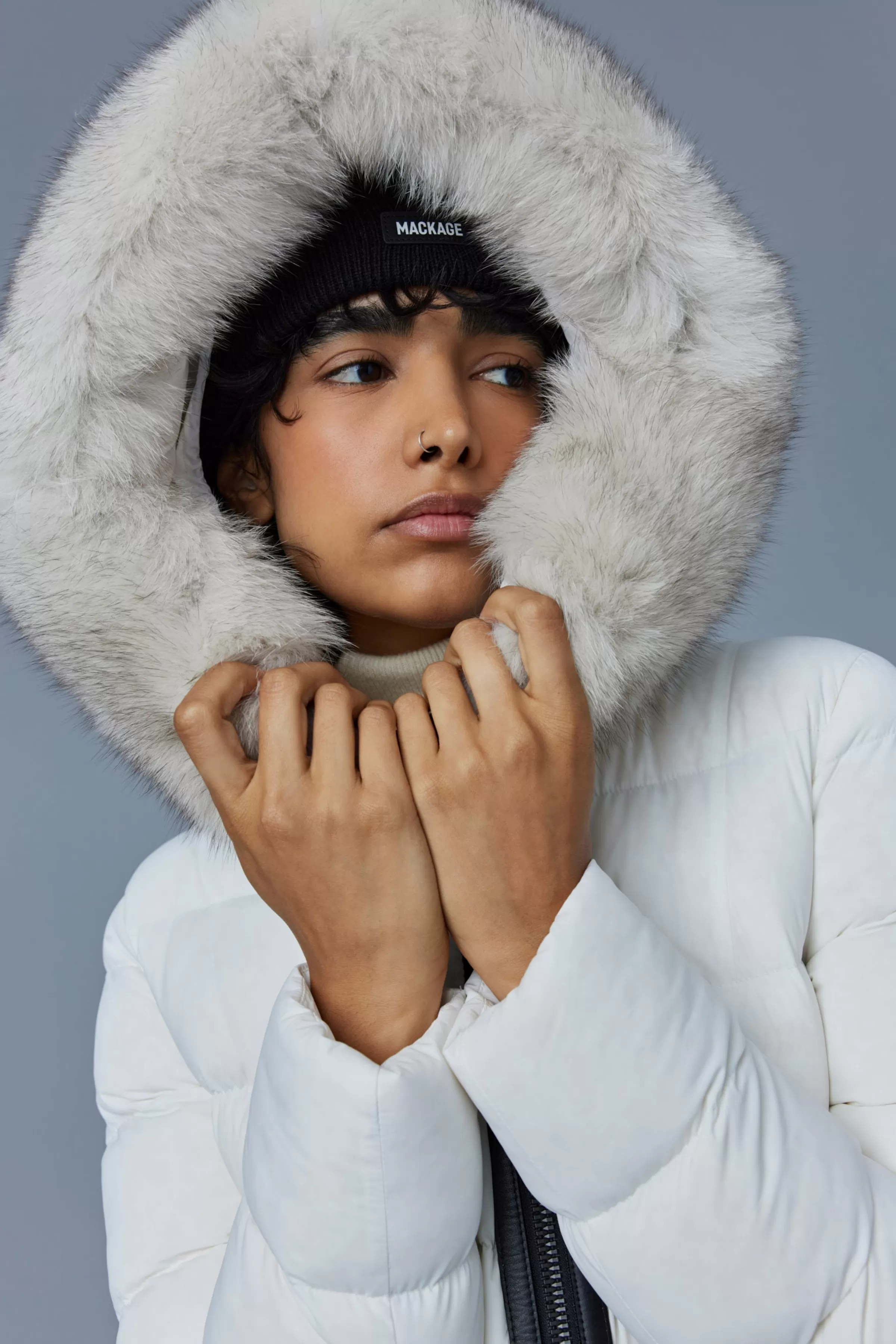 Calla, Agile-360 Stretch Light Down Coat With Blue Fox Fur Collar For Ladies | ® US | Mackage Outlet