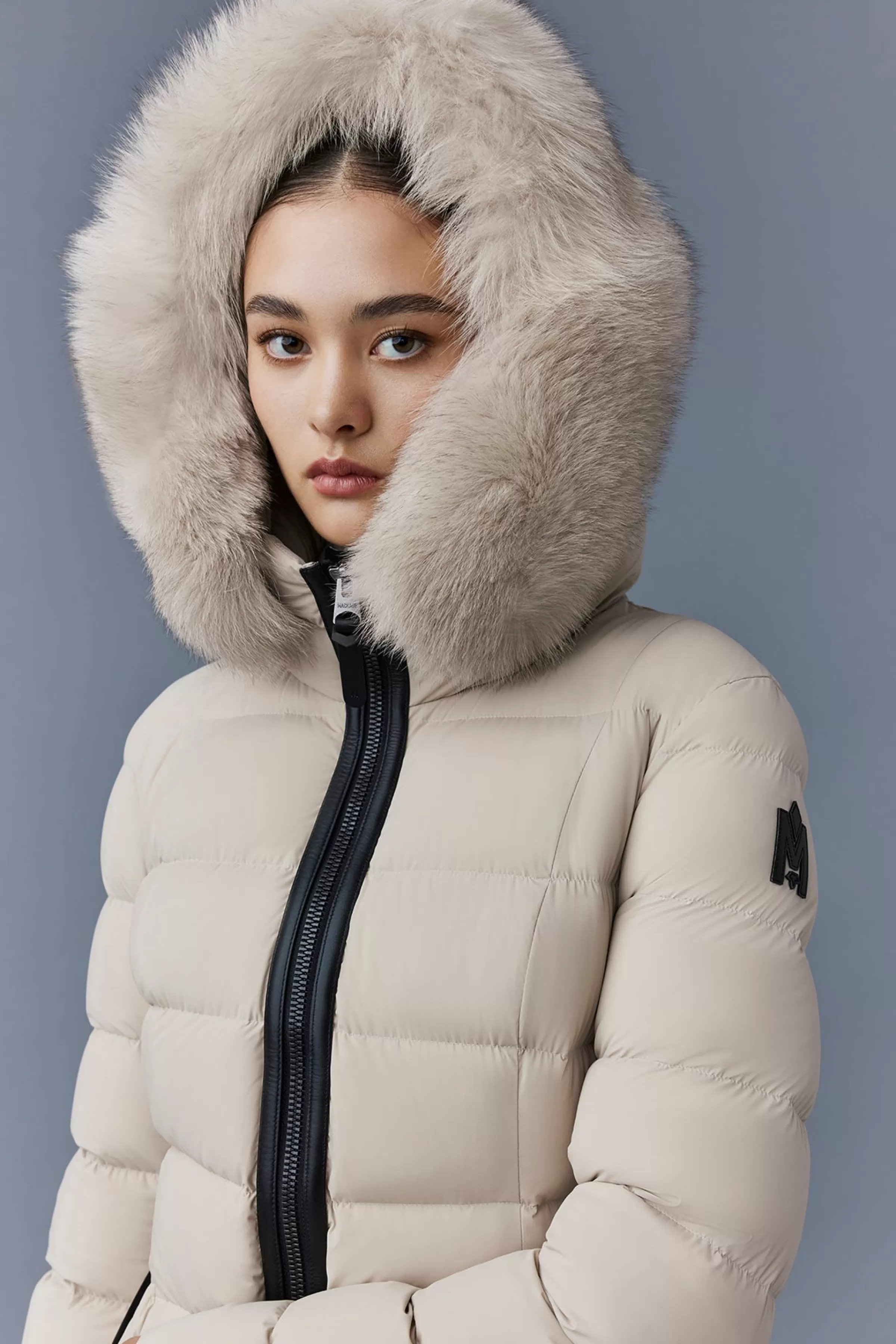 Calla, Agile-360 Stretch Light Down Coat With Blue Fox Fur Collar For Ladies | ® US | Mackage Outlet