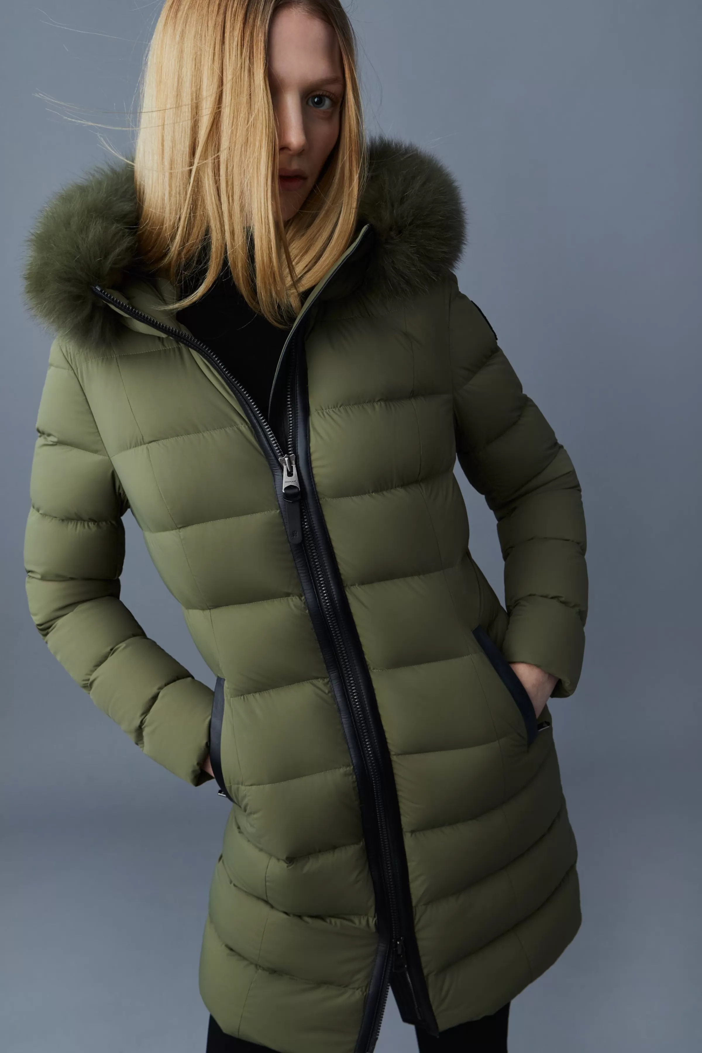 Calla, Agile-360 Stretch Light Down Coat With Blue Fox Fur Collar For Ladies | ® US | Mackage Outlet