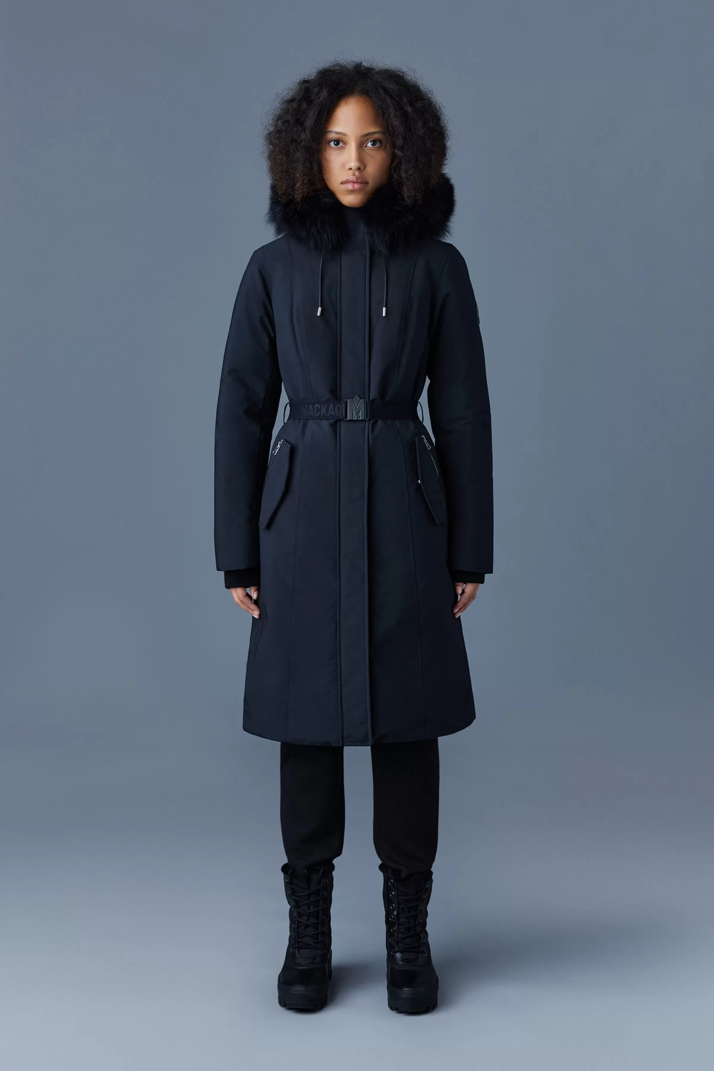 Kailyn, Flared Down Coat With Blue Fox Fur Hood For Ladies | ® US | Mackage Best
