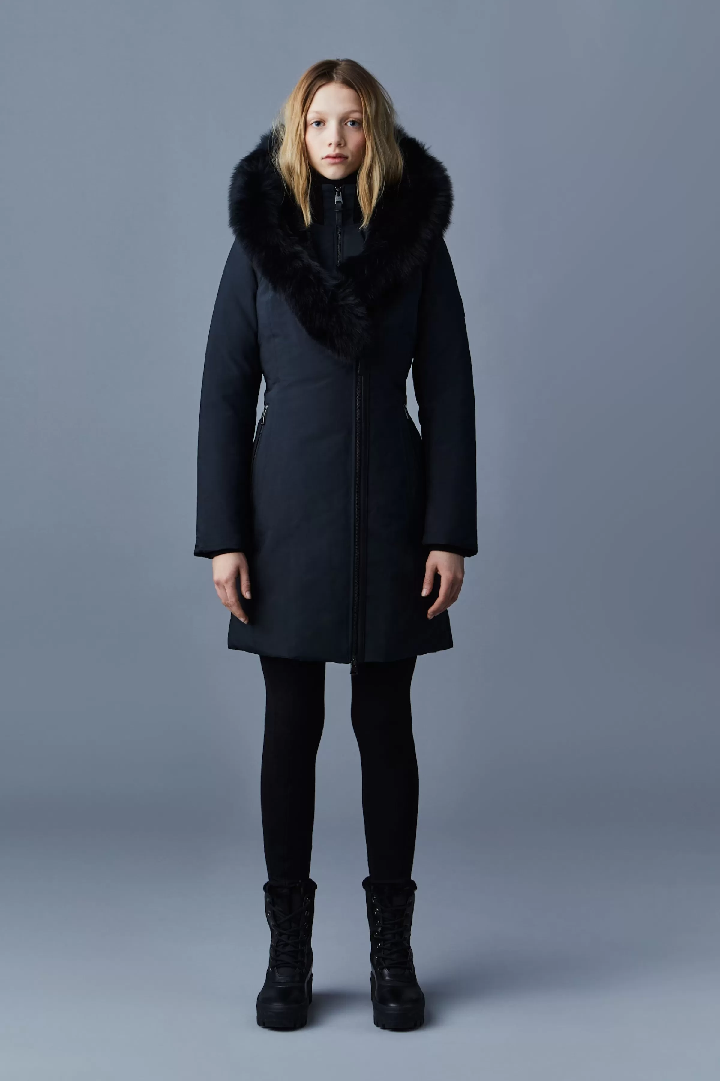 Trish, Powder Touch Down Coat With Blue Fox Fur Signature Collar For Ladies | ® US | Mackage Shop