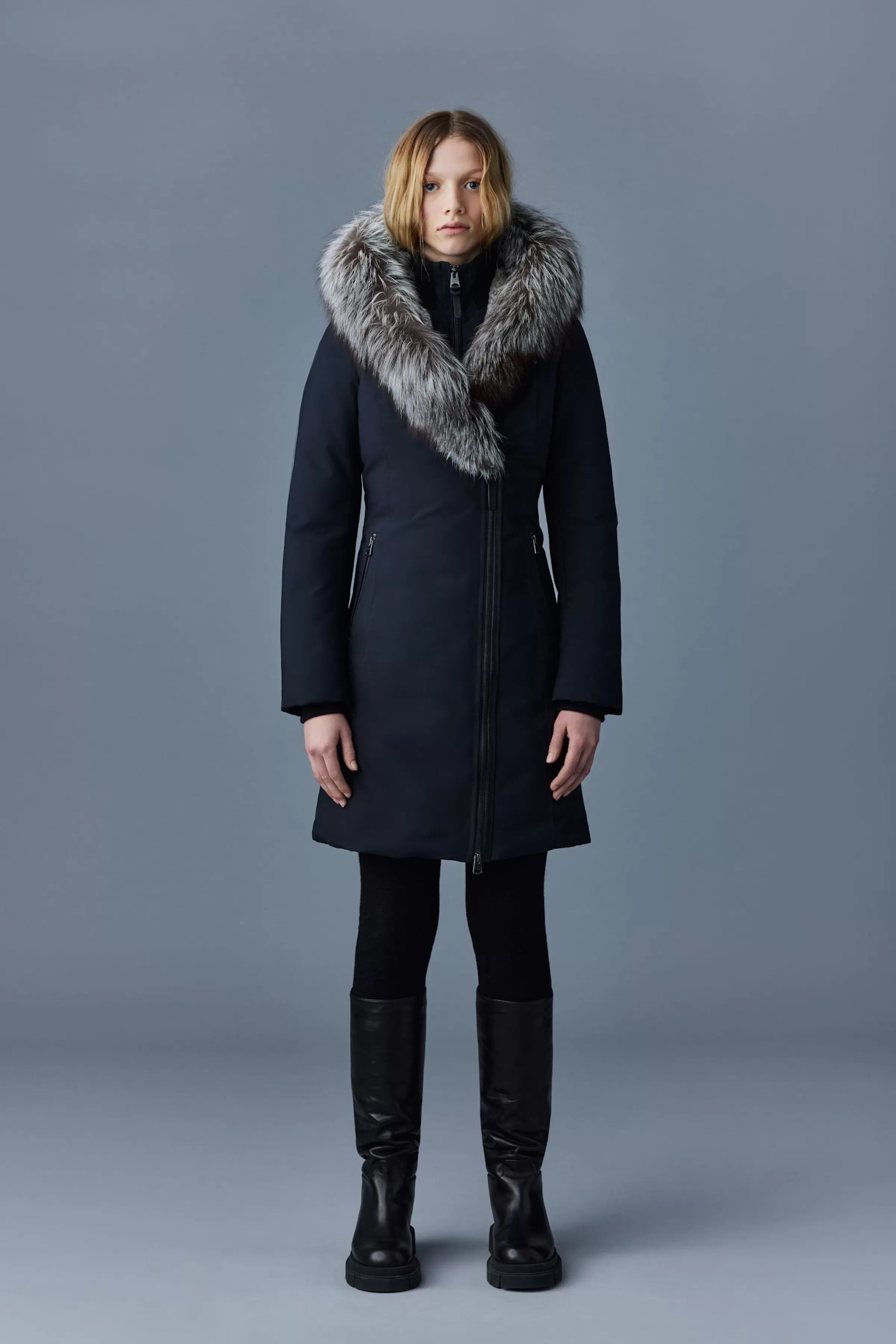 Trish, Powder Touch Down Coat With Silver Fox Fur Signature Collar For Ladies | ® US | Mackage Store